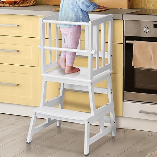 COSYLAND Kids Kitchen Step Stool Helper with Gloves Removable Anti-Drop Railing Safety Rail, Non-Slip Mat Standing Tower Stepping Stool for Toddlers Bathroom Sink Counter Learning White - White