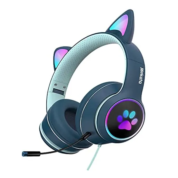 
                            Mokata Gaming Headphone Wired AUX 3.5mm Over Ear Cat LED Light Fit Adult & Kids Foldable Stereo Headset Earmuffs with Microphone for PC PS4 Game Cellphone Laptop Pad H02 Navy Blue
                        
