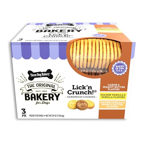 Three Dog Bakery Lick'n Crunch Sandwich Cookies Premium Dog Treats with No Artificial Flavors, Carob/Peanut Butter, Golden/Vanilla, 39 Ounces (Pack of 1) - Carob/Peanut Butter, Golden/Vanilla, and Golden/Peanut Butter - 39 Ounce (Pack of 1)