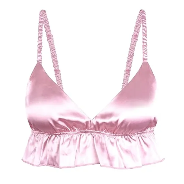 Satini Sissy Frilly Ruffled Fitted Silky Satin Lingerie Bralette - X-Large - Baby Pink