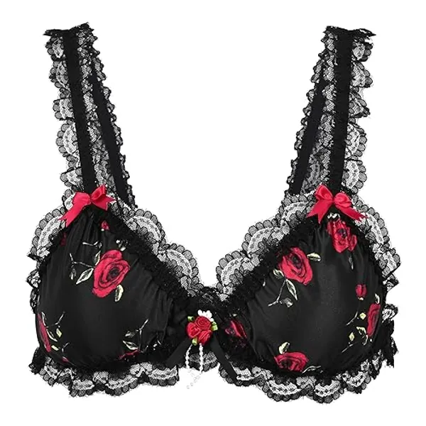 Satini Sissy Frilly Lace Fitted Satin Bralette Bra - X-Large - Black - Red Roses