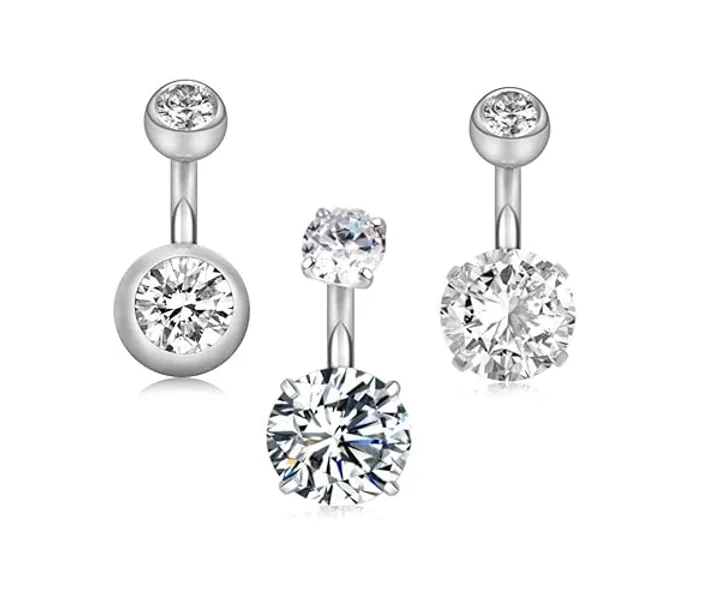 YHMM 14G 6mm Short Bar, 10mm Normal Bar Stainless Steel Belly Button Rings Round Cubic Zirconia Navel Barbell Stud Body Piercing - 6mm Bar,3pcs Silver