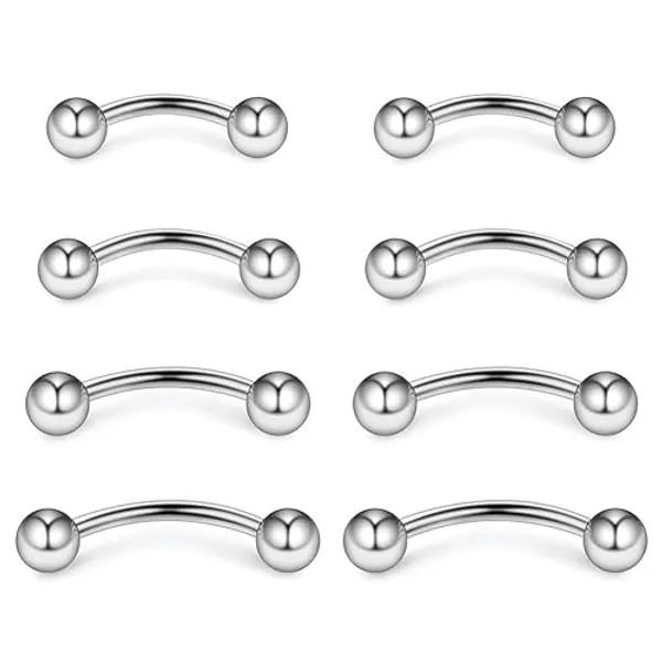 Ruifan 4prs(8pcs) Eyebrow Piercing Jewelry Curved Barbell with Ball Kit Eyebrow Tragus Lip Ring 16g 16 gauge 6mm/8mm/10mm/12mm - Steel