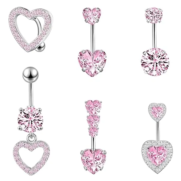 LEE&RO Heart Belly Button Rings Belly Rings Navel Rings 14G Surgical Steel Belly Rings Belly Piercing - Pink