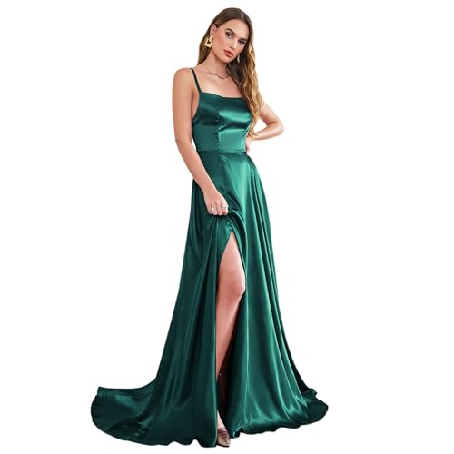 Fatapaese Women's Satin Prom Dress Spaghetti Straps Split Bridesmaid Long Formal Wedding Guest Evening Party Gowns - S - Teal