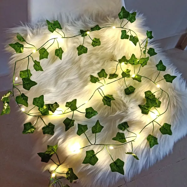 2 Meter Fake Green Leaf Ivy Vine with LED String Lights for Cozy Gaming Set Up