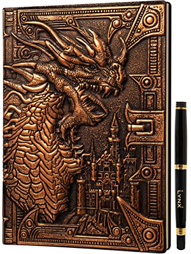 DND Notebook/Journal, Unique 200 Page Book with 3D Bronze Dragon Embossed Faux Leather Cover with Pen- Ideal for Dungeons & Dragons/D&D. Great RPG Accessories Gift for DM's & Players, Men or Women - Bronze Dragon
