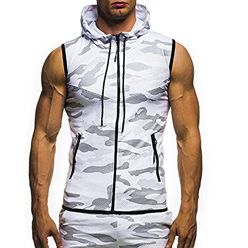 Mens Sleeveless Hoodie Gym Mens Vest Tank Tops Hooded Gym Shirt Sleeveless Camo Plus Size Tanks Tops Hood Zip Up Waistcoats Drawstring Workout Hooded Vest Tops Fitness Tanks Tee Shirts - 01 White - M