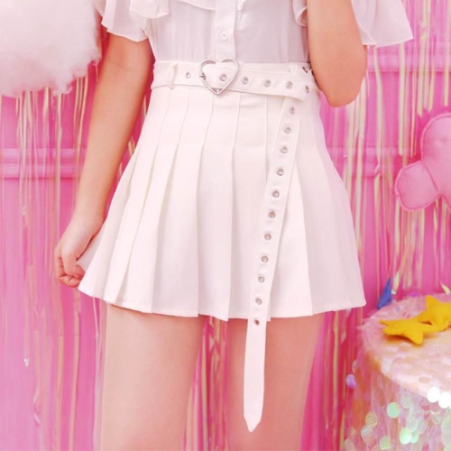 Pleated Belted Skirt - White / M