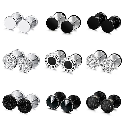 FIBO STEEL 9 Pairs Fake Gauge Earrings for Men Women Stainless Steel Stud Earrings Round Cheater Plug Earrings Faux Gauges Ear Tunnel Mens Earrings