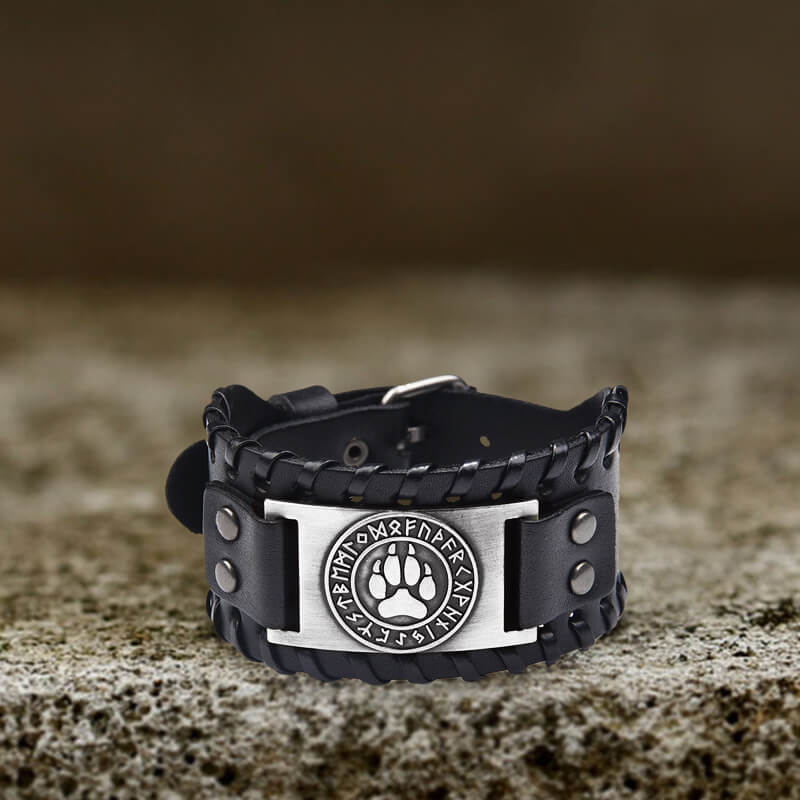 Nordic Wolf Paw Runes Leather Viking Bracelet - Black + Silver / 27.5 CM