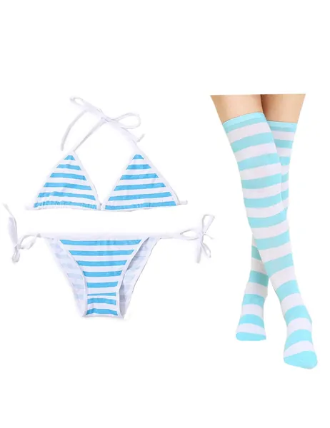 Oludkeph 3 PCS Sexy japanische süße Anime Dessous Set für Frauen mit gestreiften Oberschenkel High Socks Bikini - Blau S-M