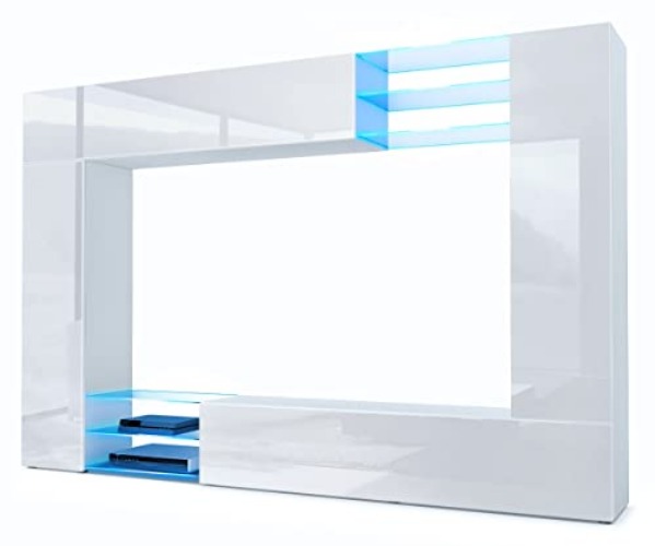 Vladon Wohnwand Mirage, Anbauwand mit Rückwand mit 2 Türen, 2 Klappen und 6 offenen Glasablagen, Weiß matt/Weiß Hochglanz, inkl. LED-Beleuchtung (262 x 183 x 39 cm) - mit LED Beleuchtung - Front in Weiß Hochglanz