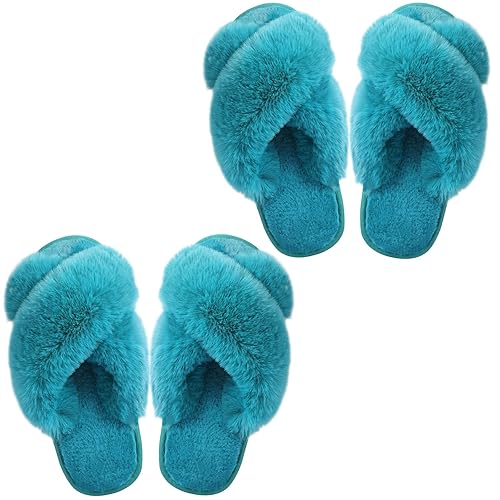 Ankis Womens Fuzzy Fluffy Slippers - 2Pair Cozy, Soft, Comfy, Relax Fluffy Slippers, Cross Band, Open Toe, Non-slip Womens Slippers, Indoor and Outdoor Fluffy Slippers, Fuzzy Slippers - Black 9-10