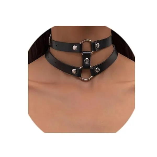 Obmyec Black Leather Choker Punk Short Collar Gothic 2-tier Circle Rivet Necklace Soft PU Leather Short Neck Accessories for Women