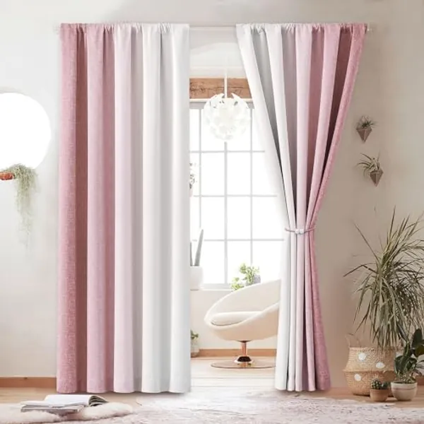 Geomoroccan Linen Gradient Printed Blackout Curtains, Ombre Drapes for Kids Bedroom Rod Pocket Drapes Thermal Insulated Window Treatment Curtains, 2 Panels, 52 x84 inch, Pink and White