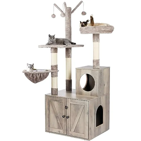Timberer Litter Box Enclosure with Cat Tree, Wooden Cat House with Cat Tree Tower, Hidden Cat Litter Box Furniture with Scratching Post, Modern Cat Condo, Grey