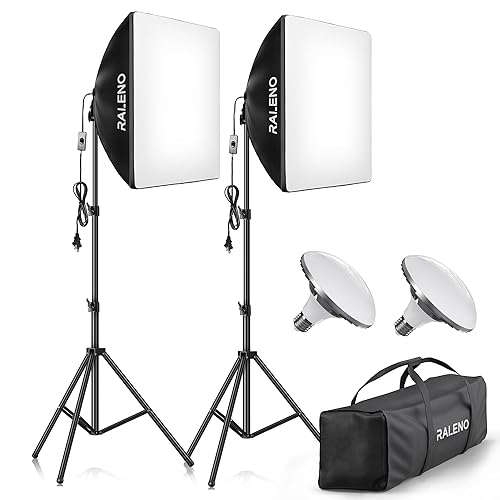 RALENO Softbox Lighting Kit, 20X20-Inch Photography Lighting Kit with LED Bulbs(60W | 5500K | CRI>97 | 3m Cable) & 80'' Tall Light Stands, Soft Box for Recording/Portrait Photography | Model: PS70 - PS70-Kit