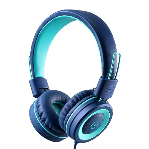 Kids Headphones - noot products K11 Foldable Stereo Tangle-Free 3.5mm Jack Wired Cord On-Ear Headset for Children/Teens/Boys/Girls/Smartphones/School/Kindle/Airplane Travel/Plane/Tablet (Navy/Teal) - Navy/Teal
