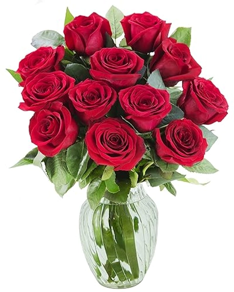 KaBloom Flowers - Valentine Collection - The Romantic Classic Bouquet of 12 Fresh Red Roses (Farm-Fresh, Long-Stem) with Vase - Gift for Birthday, Valentine, Fresh Flowers
