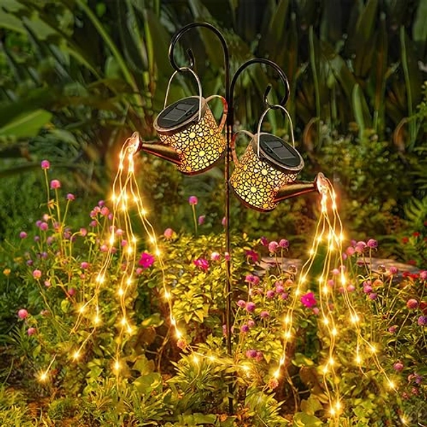 Solar Lights Outdoor Decorative, 2 Pack Metal Solar Watering Can Lights Waterproof, Small Hanging Solar Garden Decor Yard Lights Outside Patio Lawn, Gifts for Mom Grandma Women Birthday(Warm White)
