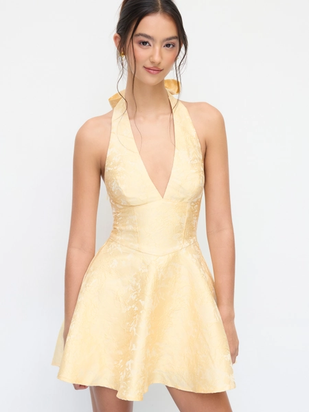 Jacquard Halter V-neck Lace Up Backless Ruffle Mini Dress