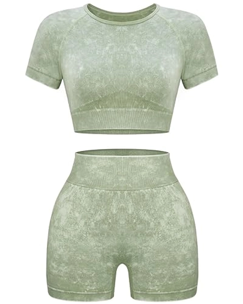 OLCHEE Womens Workout Sets 2 Piece - Seamless Acid Wash Yoga Outfits Shorts and Crop Top Matching Gym Athletic Clothing Set