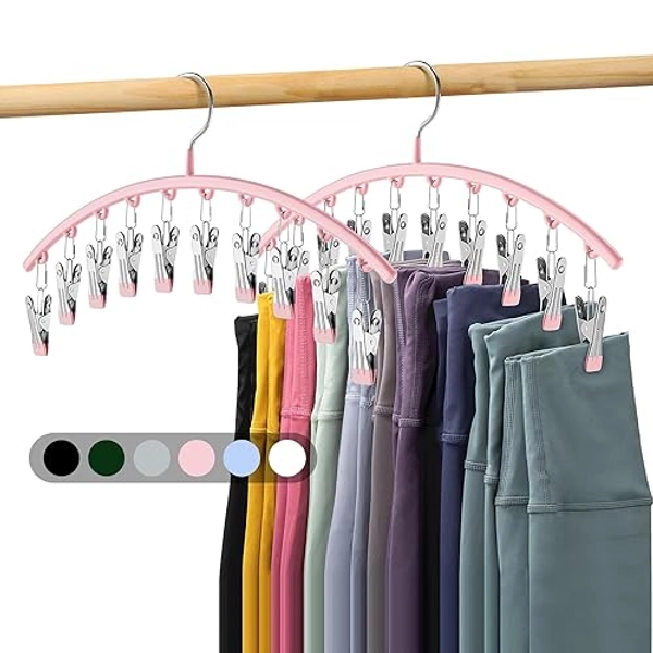 Legging Organizer for Closet, Metal Yoga Pants Hangers 2 Pack w/10 Clips Holds 20 Leggings, Space Saving Hanging Closet Organizer w/Rubber Coated Closet Organizers and Storage, Pink