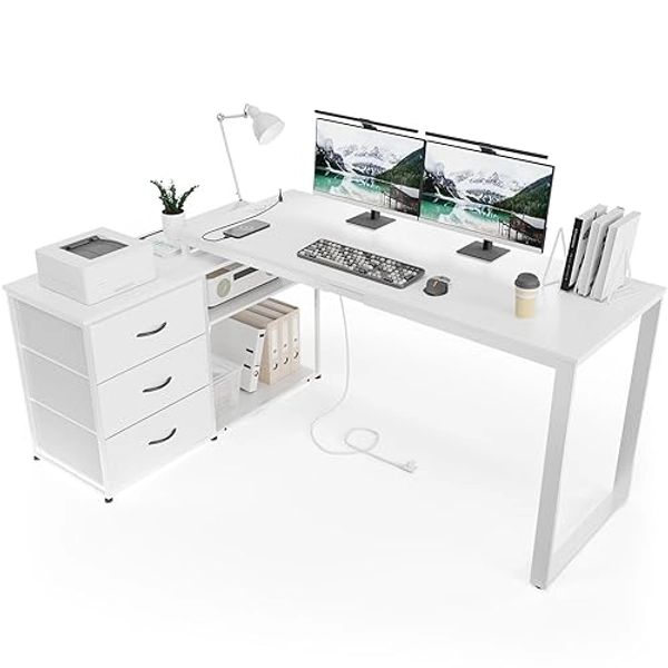 TRIUMPHKEY Scrivania Angolo per Computer 140x105x75cm,Scrivania con 3 Cassetti,Reversibile Scrivania a Forma di L con 2 Porte di Ricarica USB e 2 Prese di Corrente,Scrivania per Casa Ufficio,Bianco