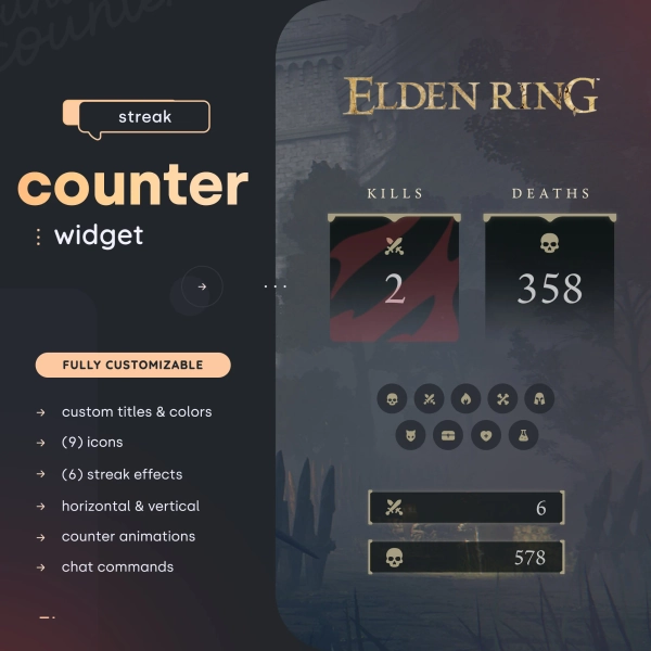 Elden Ring Counter Widget — (6) Streak Effect Animations & (9) Icons // Kill Death Counter for Twitch Streamers | Streamelements OBS