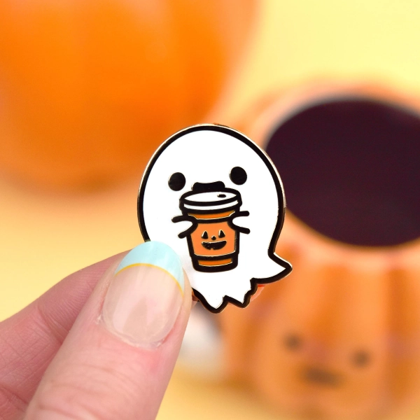 Hot Pumpkin Spice Latte Ghost Halloween Seasonal Enamel Pin