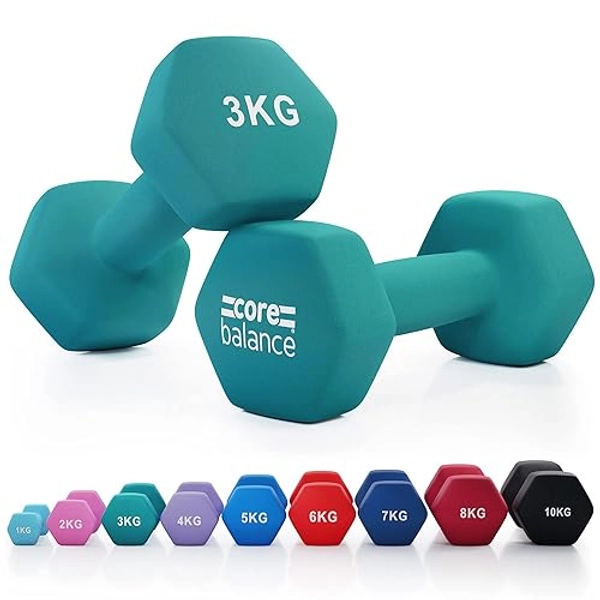 Core Balance Dumbbell Pair Hex Weight Neoprene Coated Cast Iron Strength Training (2 x 1kg, 2kg, 3kg, 4kg, 5kg, 6kg, 7kg, 8kg, or 10kg)