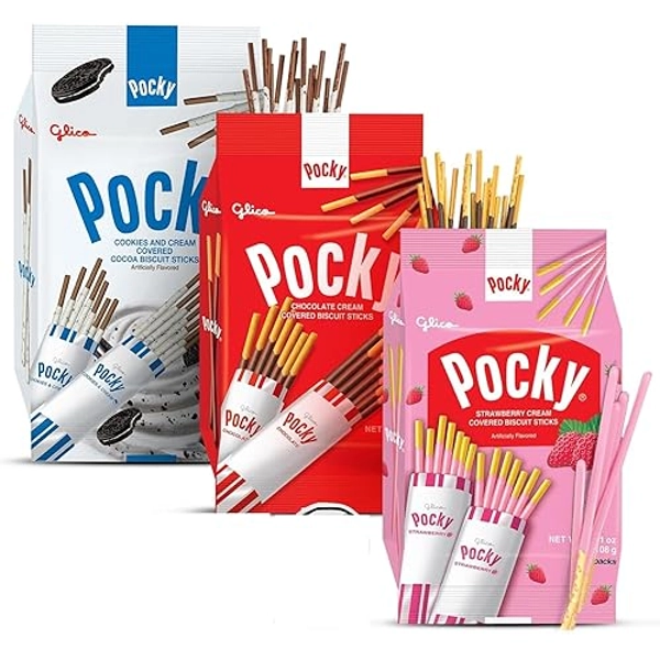Pocky Sticks Japanese Snacks Variety Pack of 3 - Poky Stix Strawberry, Chocolate, Cookies, and Cream Asian Candy by Grateful Grocer