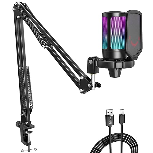 Fifine Gaming Microphone for PC Computer, USB Streaming Condenser Mic Kit with RGB, Quick Mute, Gain Knob, Boom Arm Stand, Pop Filter for Podcasts YouTube Discord-A6T - White