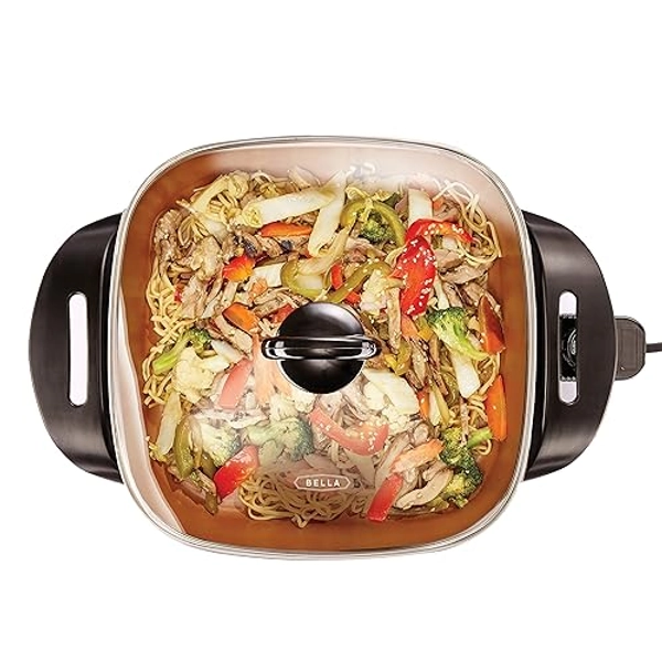 BELLA Electric Skillet and Frying Pan with Glass Lid, Nonstick Coating, Cool Touch Handles, Removable Heating Probe, Dishwasher Safe, 12 x 12 inch, Copper