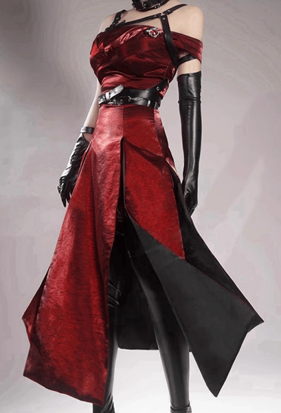 Love and deepspace Cosplay Costume Red Dress Suit with Leather Stockings and Chest Straps