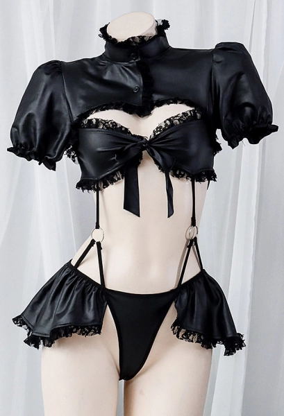 Sexy Lingerie Ruffled Lace Bodysuit Puff Sleeves High Collar Hollow One Piece Bodysuit