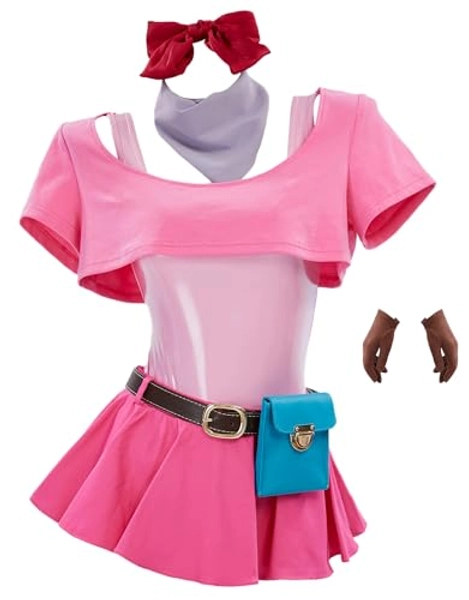 Mobbunny Anime Cosplay Costume Pink Bodysuit and Crop Top with Mini Skirt and Waist Bag Cosplay Costume
