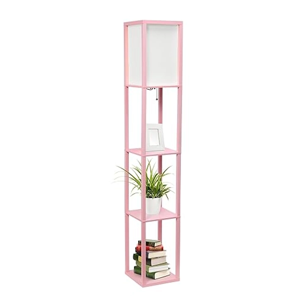 Simple Designs LF1014-LPK Etagere Organizer Storage Shelf Linen Shade Floor Lamp, Light Pink
