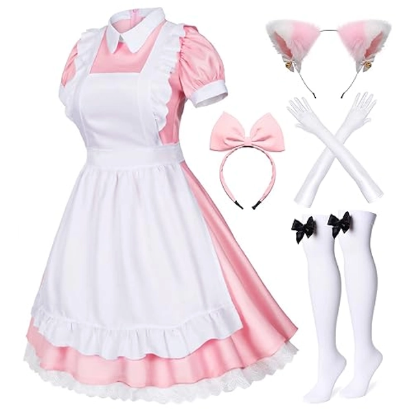 Wannsee Japanese Anime 6Pcs Lolita French Maid Apron Fancy Dress Cosplay Costume Gloves Headwear Socks set(Pink Plus size 5XL)