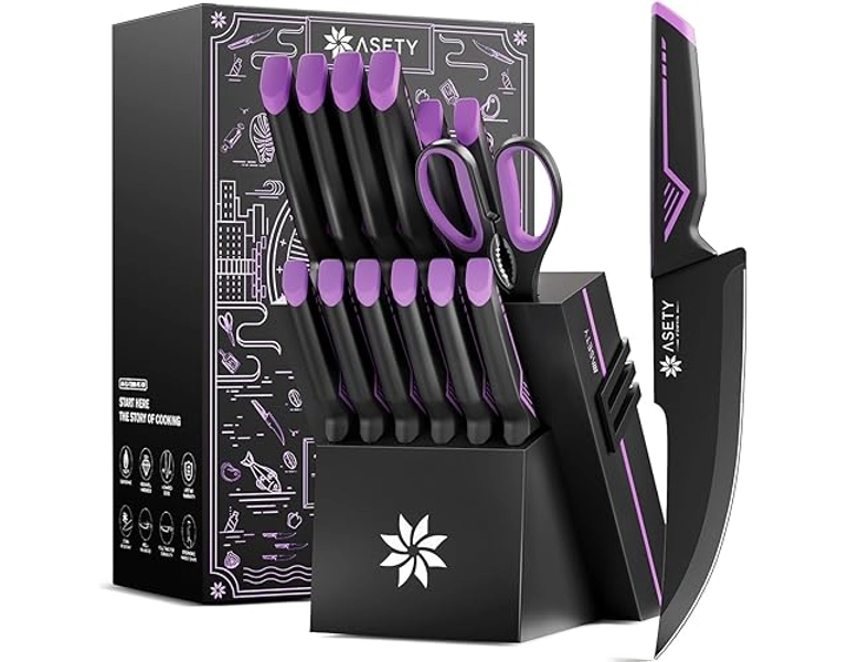 ASETY Knife Set, 15 PCS Kitchen Knife Set with Built-in Knife Sharpener Block, Stainless Steel Knife Block Set, Dishwasher Safe Mordern Knife Set, Elegant Box for Men Women