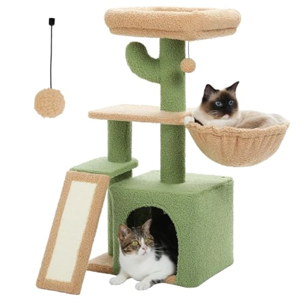 PETEPELA Cactus Cat Tree for Indoor Cats, 32'' Small Cat Tower Cat Condo with Sisal Scratching Ramp, Cozy Hammock and Removable Top Bed Perch for Kittens, Green