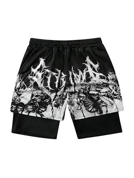 GORGLITTER Men's Graphic Anime Gym Shorts Y2K 2 in 1 Athletic Workout Drawstring Drippy Shorts