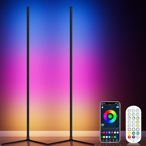 WISIMMALL 2PCS RGB Corner Floor Lamp, 64.5" RGB Color Changing Mood Light Bluetooth APP and Remote Control Music Sync LED 398 Dimmable Modes Modern Floor Lamp for Living Room, Light Timing - 2PCS
