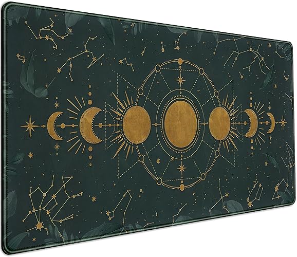Dark Academia Mousepad Forest Green XXL Desk Mat Gold Moon Phases Large Extended Mouse Pad Gaming Laptop Keyboard and Mouse Mat Desk Pad, Non-Slip Rubber Base with Stitched Edges, 31.5x15.75 in - Dark Green Forest Moon