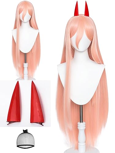 Power Wig Long Straight Anime Orange Pink Cosplay Wigs with Horn Hairpins 39'' Synthetic Hair for Women Halloween Party - Orange Pink