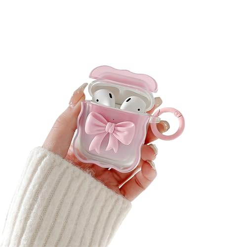 Ownest Compatible for AirPods Case Soft Clear TPU with Cute 3D Colour Bow Design Shockproof Keychain Cover for Girls Woman Airpods 2 &1-Pink - Blue