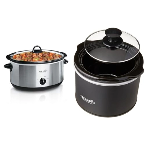 Crock-Pot 7 Quart Oval Manual Slow Cooker, Stainless Steel (SCV700-S-BR) & Mini 1.5 Quart Round Manual Slow Cooker, Black (SCR151)