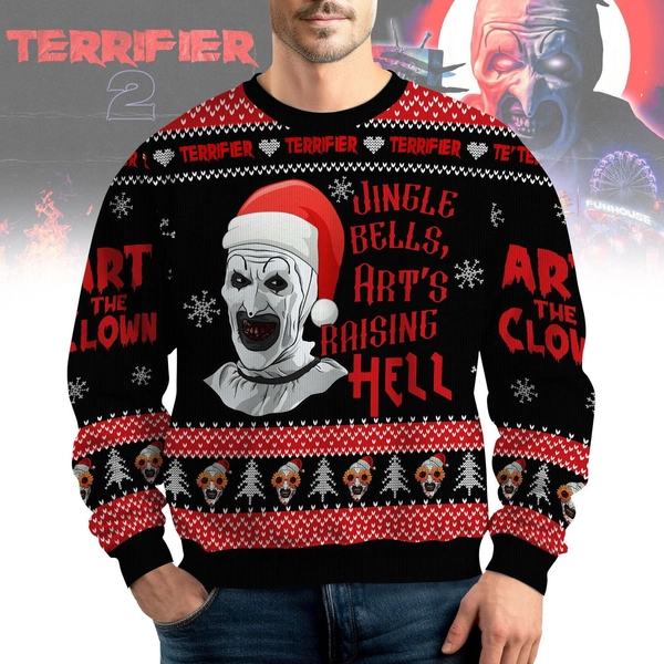 Terrifier Santa Ugly Christmas Sweater, Scary Clown Xmas Sweatshirt, Terrifier Art The Clown Shirt, Horror Holiday Crewneck, Xmas Gift