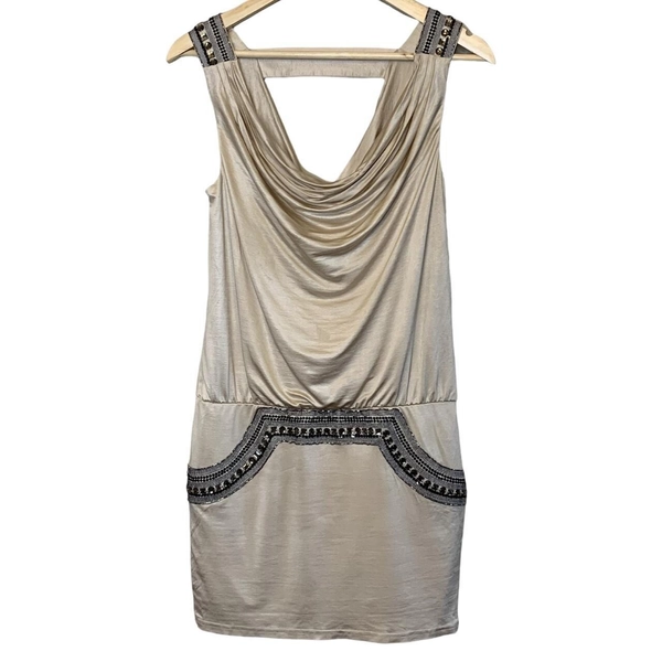 Y2k Bebe Drop Waist Drape Dress XS Beige Embellished Mini Bandage Party Glam